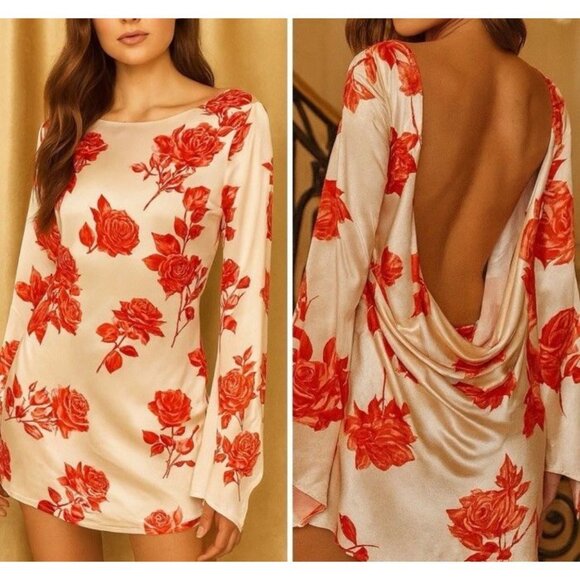 Meshki Dresses & Skirts - NWT Meshki Davina Satin Long Sleeve Backless Floral Red Mini Dress Womens Large
